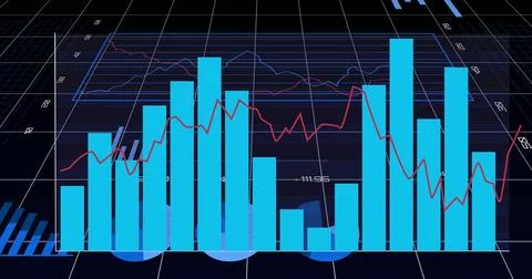 Displaying stylized data visualization on dark 3D grid, with cyan bars and red Stock Photos