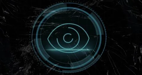Displaying stylized digital eye icon on grid display, with segmented UI circles Stock Illustration