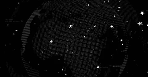 Displaying stylized digital globe rotating in space UI, with star icons and code Stock-Fotos