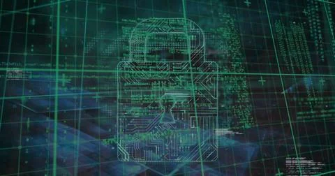 Displaying stylized digital padlock hovering on dark grid, with circuit pattern 스톡 사진