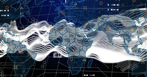 Displaying stylized digital world map streaming white waveforms on dark blue 스톡 일러스트