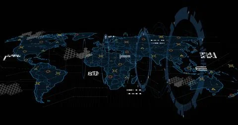 Displaying stylized digital world map overlaying virtual dashboard with HUD Illustrazione stock