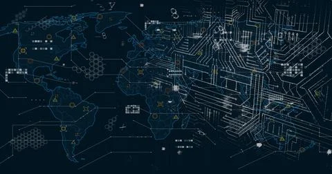 Displaying stylized digital world map on dark virtual grid with circuit traces, 스톡 일러스트