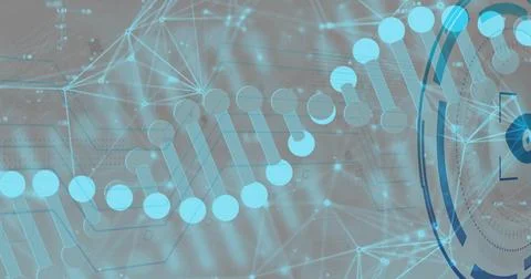 Displaying stylized DNA chain glowing across digital data canvas, showing HUD Stock Photos