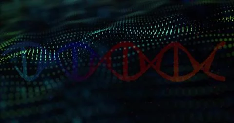 Displaying stylized DNA double helix blending into data visualization, glowing Illustrazione stock