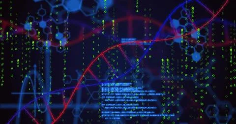 Displaying stylized DNA double helix moving in virtual lab visualization, wit 스톡 일러스트