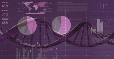 Displaying stylized DNA double helix running across data dashboard, with pie Illustrazione stock