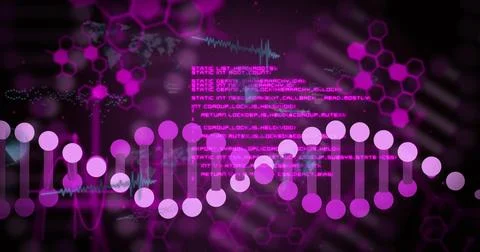 Displaying stylized DNA double-helix visual across dark digital backdrop, with Stockillustratie