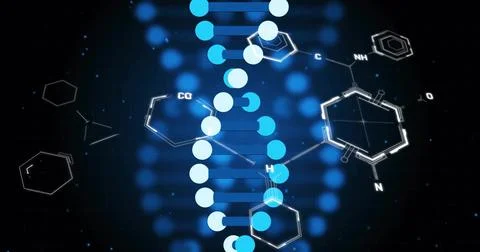 Displaying stylized DNA double helix glowing in digital grid backdrop, with Stock Illustration