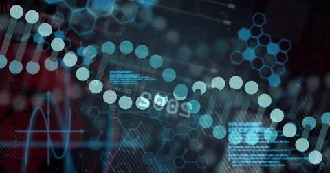 Displaying stylized DNA double helix glowing diagonally across data dashboard, Illustrazione stock