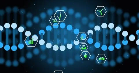 Displaying stylized DNA double helix glowing across dark gradient, with green Stock Illustration