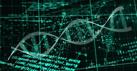 Displaying stylized DNA double helix floating in virtual lab dashboard, with Stock Illustration
