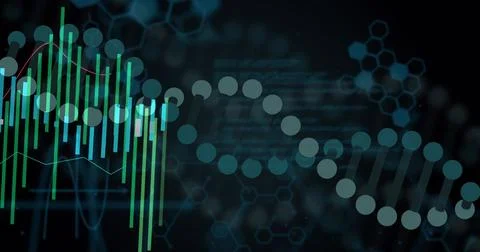 Displaying stylized DNA double-helix curving across digital dashboard, with teal Stock Illustration