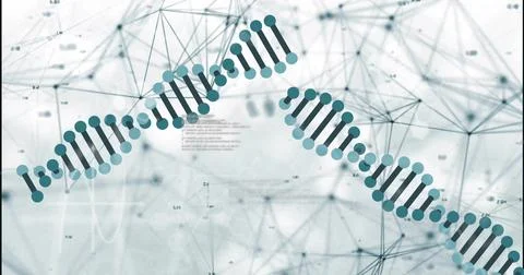 Displaying stylized DNA helices linking teal nodes and dark bars across biotech Stock Illustration