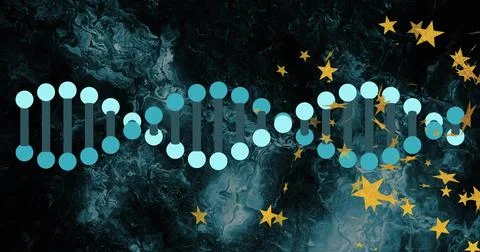 Displaying stylized DNA helix with blue nodes and teal bars on teal-black Stock Illustration