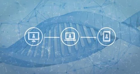 Displaying stylized DNA helix in data grid, linking PC, laptop, smartphone icons Foto stock