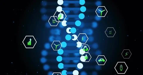 Displaying stylized DNA helix floating in futuristic backdrop, with green-accent Stock Illustration