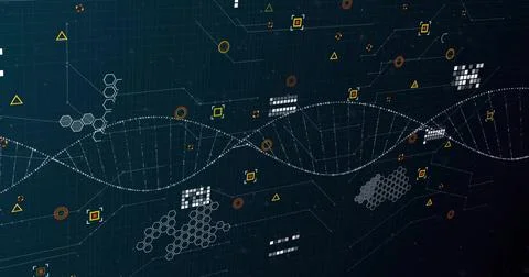 Displaying stylized DNA helix moving across tech dashboard, showing hex clusters Stock Illustration