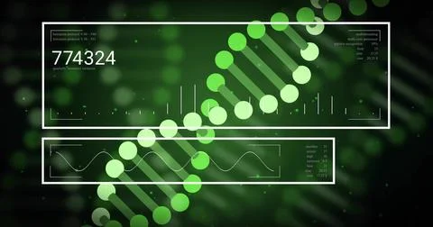 Displaying stylized DNA helix rotating on laboratory data screen, with HUD 스톡 일러스트