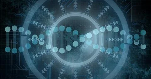 Displaying stylized DNA helix running across digital UI, featuring concentric Stock Illustration