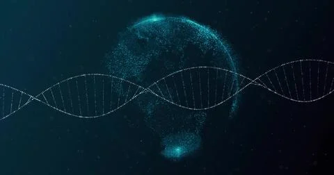 Displaying stylized DNA helix spanning digital art, with particle globe and Illustrazione stock