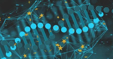 Displaying stylized DNA helix spanning data network, showing cyan nodes, teal Stock Illustration