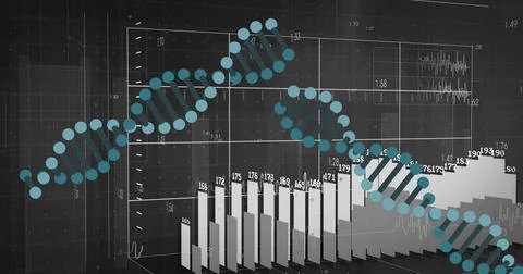 Displaying stylized DNA helix sweeping across digital analytics dashboard, with Stock Illustration