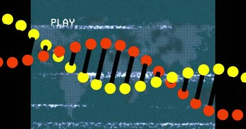 Displaying stylized DNA helix undulating across teal world map, with glitch Illustrazione stock