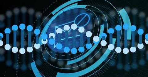 Displaying stylized DNA helix in virtual interface, with HUD rings, binary Stock Illustration
