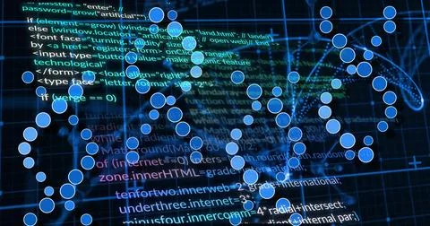 Displaying stylized DNA network structure glowing over data system, with blue Illustrazione stock