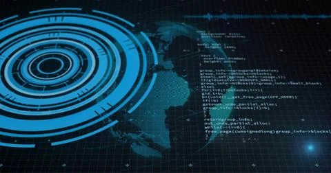 Displaying stylized dotted Earth globe with concentric HUD rings on virtual Illustrazione stock