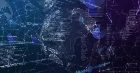 Displaying stylized dotted globe and map contours floating in virtual data Illustrazione stock