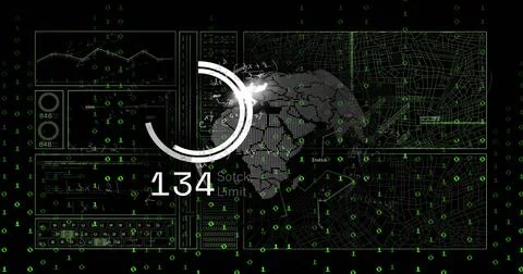 Displaying stylized dotted globe with circular progress arc on dashboard, 스톡 일러스트