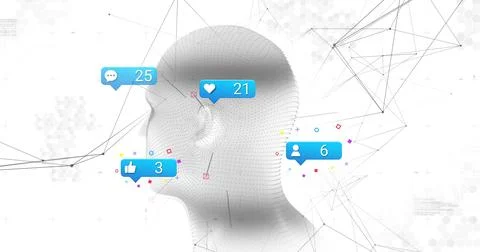 Displaying stylized dotted-mesh head left in abstract tech scene, showing blue 스톡 일러스트
