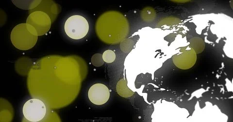 Displaying stylized dotted world map on dark background, with yellow-green bokeh Stock Illustration