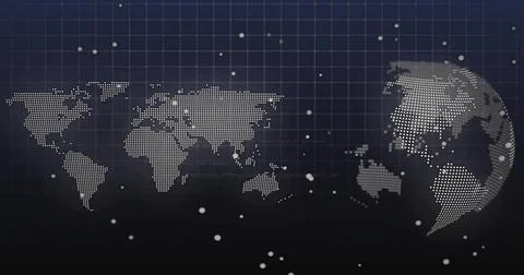 Displaying stylized dotted world map and 3D globe on virtual dashboard, with Illustrazione stock