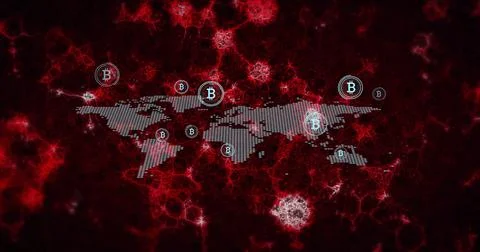 Displaying stylized dotted world map floating on digital network, with Bitcoi Stock Photos