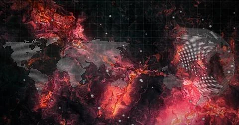 Displaying stylized dotted world map over marbled background, with faint grid Stock Photos