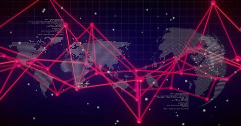 Displaying stylized dotted world map and magenta connecting lines with nodes in Stock Photos