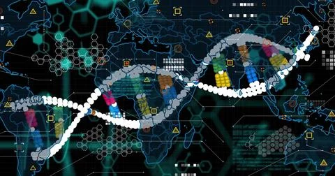 Displaying stylized double-helix DNA winding across dark global map, showing Illustrazione stock
