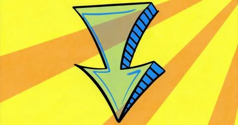 Displaying stylized downward arrow over yellow canvas with blue hatch sides and Ilustración de archivo