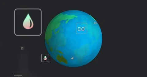 Displaying stylized Earth globe floating in data dashboard, with CO? label and イラスト素材