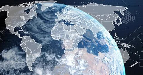 Displaying stylized Earth globe rotating in outer space, with border overlays Stockillustratie