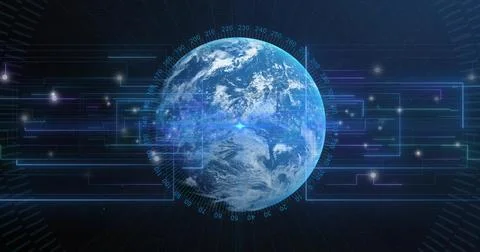 Displaying stylized Earth globe rotating in space virtual interface, with Stock Illustration