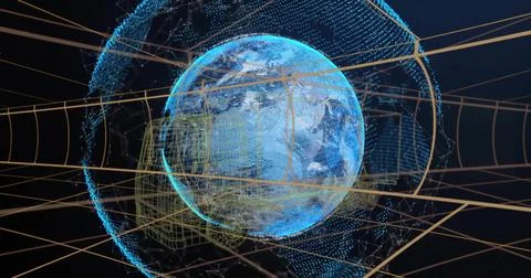 Displaying stylized Earth globe rotating in space, with blue point cloud halo, Stock Illustration