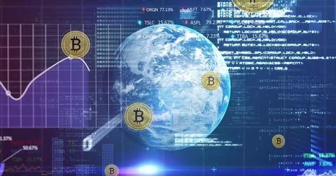 Displaying stylized Earth globe rotating in crypto UI showing Bitcoin coins, 스톡 일러스트