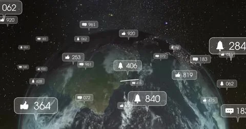 Displaying stylized Earth rendering in orbital space, with floating social me Stock Photos