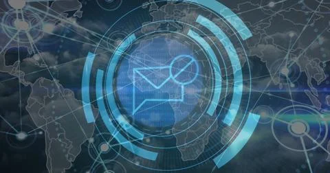 Displaying stylized envelope icon glowing within concentric digital rings over 스톡 사진