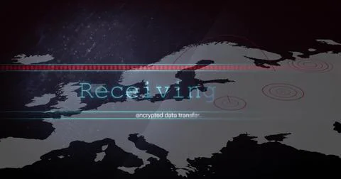 Displaying stylized Europe map pulsing on cyber HUD, showing Receiving overlay Stock Illustration