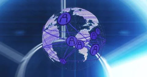 Displaying stylized floating globe rotating in digital studio, showing purple Stock Illustration